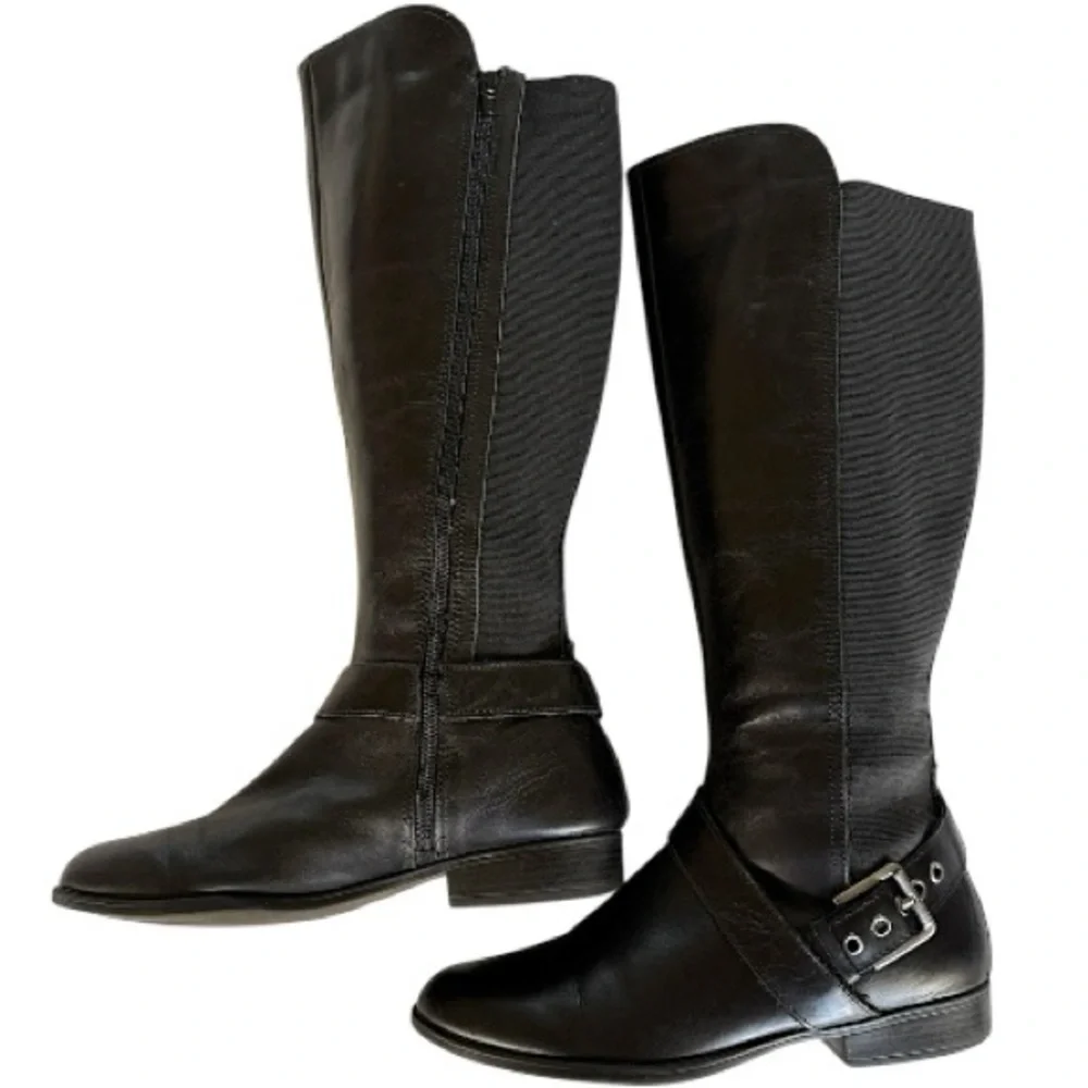Liz Claiborne Black Leather Nicole Buckle Knee-High Riding Boots Stretch Sz 8.5M